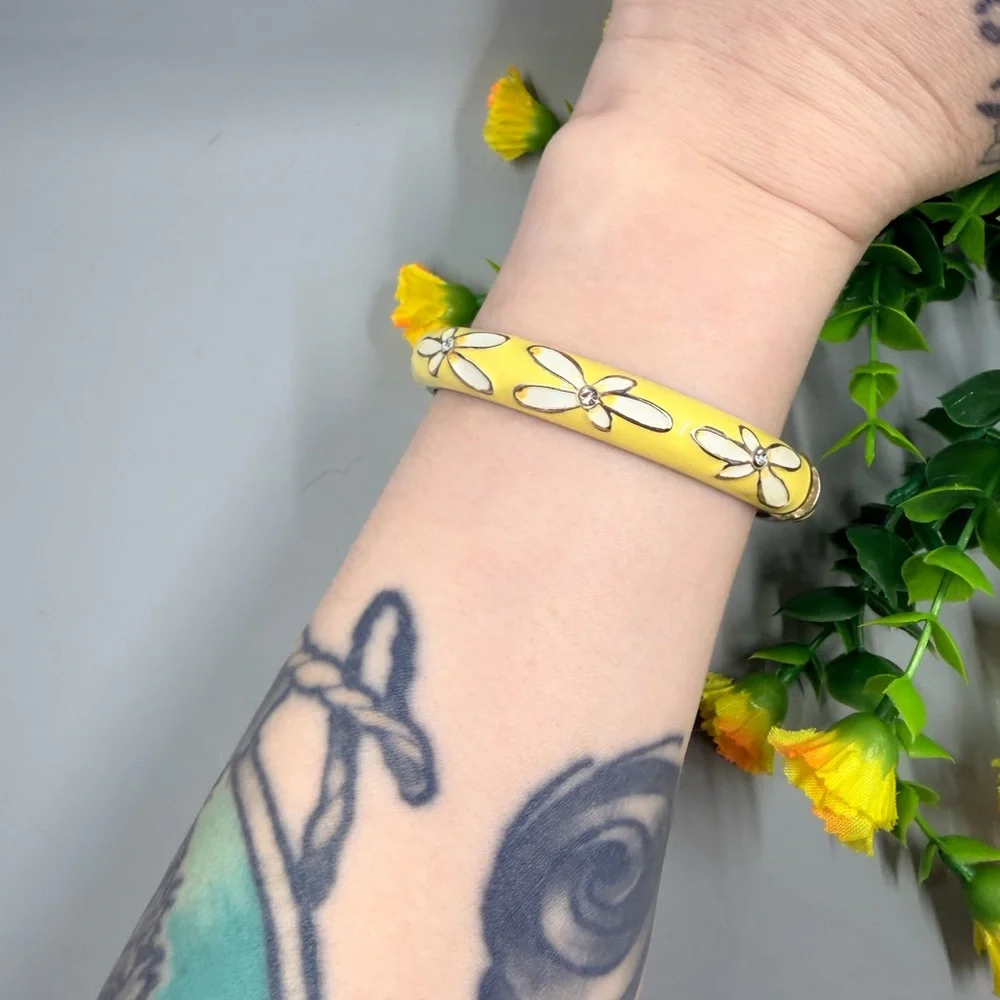 Yellow Floral Enamel Bangle Bracelet with Crystal Accents - Picture 2 of 5